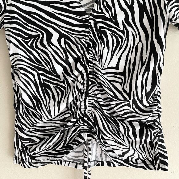 Michael Kors Y2K Top Size S Short Sleeve V Neck Zebra Print String Black White - Picture 2 of 13